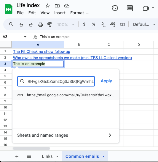 A screenshot of the "insert link" dialog box in Google Sheets